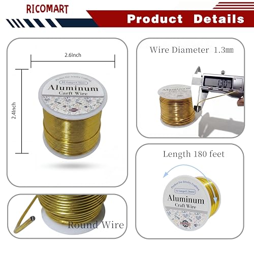 16 Gauge Aluminum Craft Wire Gold 180FT 1.3mm, Jewelry Making, Flexible Bendable Armature Wire for Sculpting, Floral Crafts, Metal Wire Wrapping, DIY Art Projects & Wreath Making - color: Gold, size: 16gauge