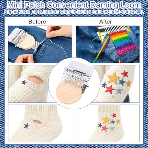 Mini Darning, Knit Patch Kit for Beginners, Wooden Weaving Tool with Stainless Steel Needles, Portable Darning Looms Kit for Quickly Mending eans Clothes Tapestries Carpets Scarves (14 Hooks)