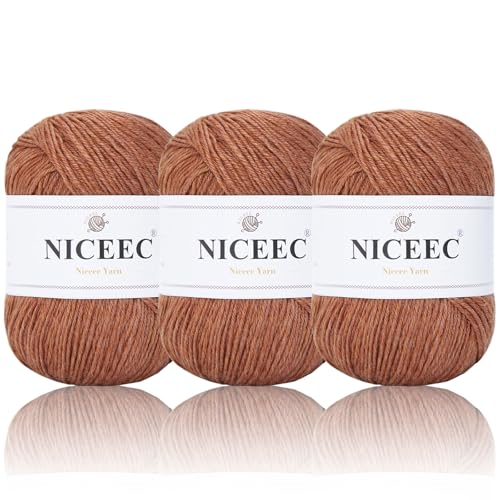 NICEEC 3 Skeins Soft Merino Wool Yarn- Caramel | Soft & Warm, Finger Weight, Woolen Yarn for Crochet & Knitting, Total 5.3oz/606yds - color: Caramel