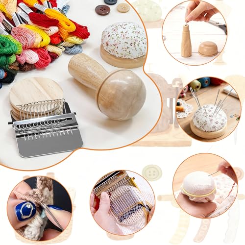Mini Darning Loom,Handcraft DIY Weaving Repair Darning Kit for Beginner | Mushroom Knit Patch Kit with 14 Hooks Small Weaving Loom 14 Large Eye Needles 50 Color Threads 1 Floral Print Cushion - color: Mushroom-14 Hook