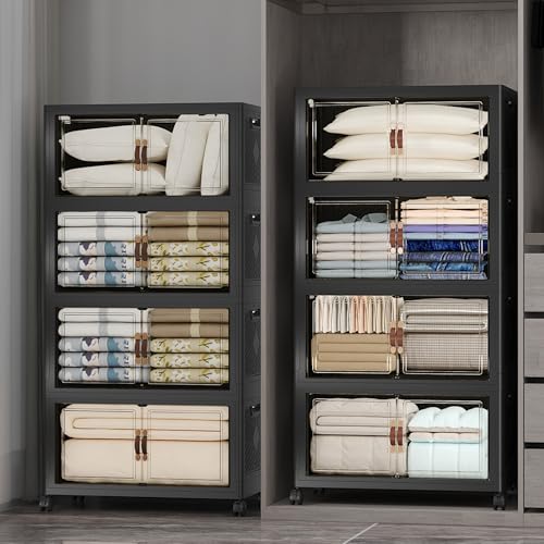 UAMFURI Stackable Storage Bins, 1440QT Collapsible Drawers with 2 Lids | Large Capacity, Magnetic Door, Stack Lock, Rolling Wheels, Foldable Design, Organizers and Storage for Bedroom Dorm Garage - color: Dark-175QT, size: 8Pack with 2 top lids
