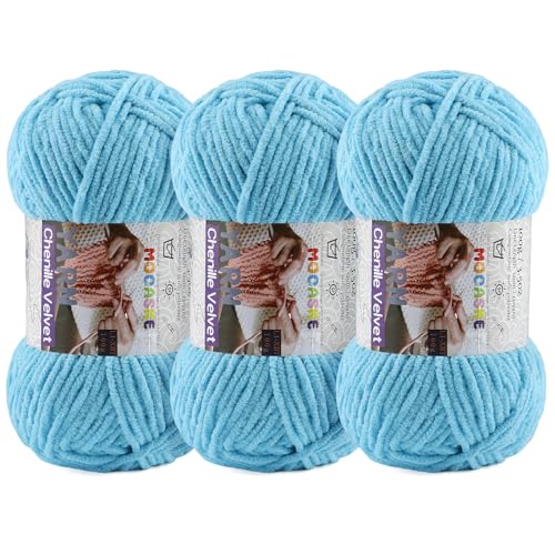 Mooaske Chenille Yarn for Crocheting, 300g/393yds Fluffy Baby Blanket Yarn | Soft plush thick chenille yarn for crocheting. 300g/393yd total. Ideal for baby blankets, amigurumi, scarves & home decor. - color: Azure