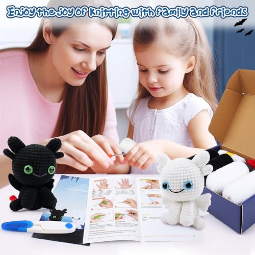 2PCS Dragons Crochet Kit for Beginners Crochet Starter Kit for Adults | Black and White Dragon Crochet Animal Kit with Step-by-Step Video Tutorials, Beginner Crocheting Kits for Birthday - color: Black White Dragon