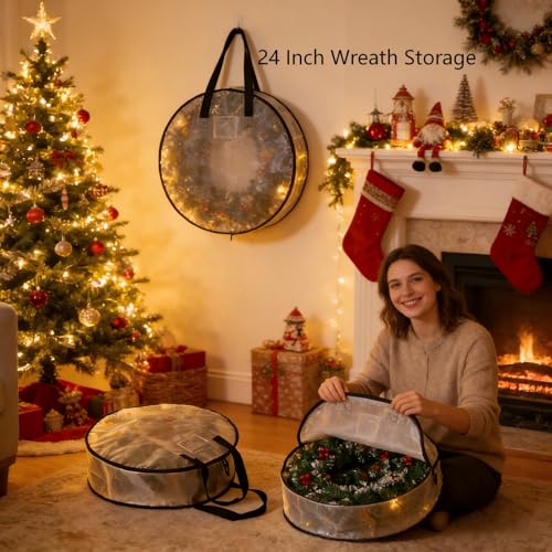 2 Pack Wreath Storage Bag, Summer, Christmas Decoration Garland Container, 24 Inch Clear Door Wreath Organizers, Moving Boxes, Packing Supplies for College - color: Circle Clear, size: 2Pack