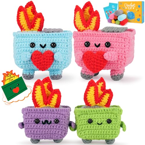 Crochet Kit for Beginners, 4PCS Dumpster Fire Crochet Starter Kit | Emotional Positive Support Beginner Crochet Kits for Adults Kid, w/ Step-by-Step Video Tutorials, Crochet Gifts - color: Blue Pink Purple Green