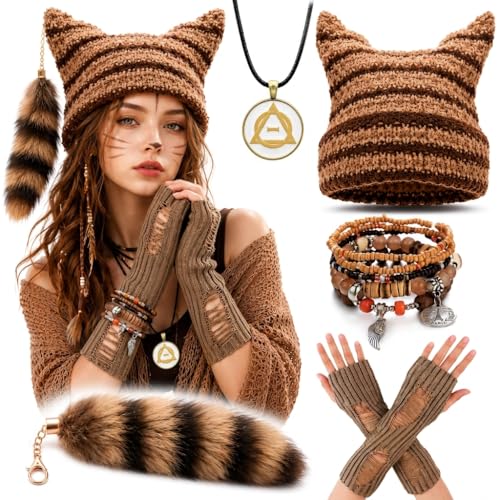 Therian Therian Stuff Gear Set 5 Pcs – Y2K Grunge Accessories Kit with Therian Necklace,Beanie, Tail, Arm,Bracelets