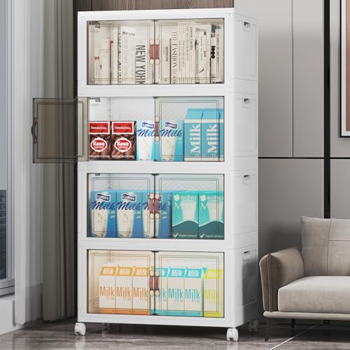 UAMFURI Stackable Storage Bins with Lid, 208QT Plastic Cabinet with Wheels | Large Capacity, Magnetic Door, Stack Lock, Rolling Wheels, Foldable Design, Organizers and Storage for Bedroom Dorm Garage - color: White-52qt, size: 4Pack with 1 top lid