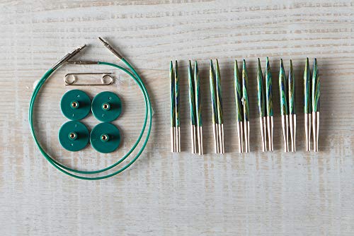 Knit Picks Caspian Wood Short Interchangeable Knitting Needles Set US 4-10 | 7 sizes of 2.75 inch long knitting needles in a green colorway, includes cables, end caps, and connectors. - color: Caspian