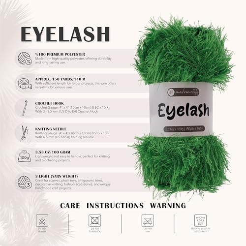 Makromecity Eyelash Yarn – Fuzzy Fun Fur Yarn, 3.53 Oz (100g) 150 yd (140m), Weight 3 Light, Premium Polyester Novelty Feather Yarn for Scarves, Amigurumi, Plush Toys & Craft (Green, 3 Skeins) - color: Green, size: 3 Skeins