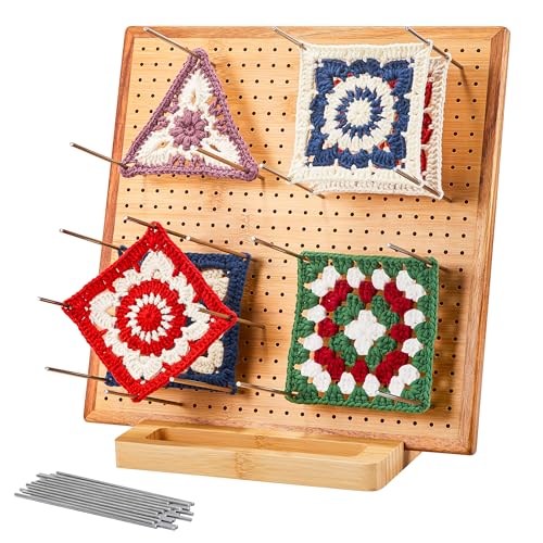 [Oakwooma] Crochet Blocking Board Combo Set, 11.8" Bamboo Board with 20 Pins & 4-Pack 4.7" Assembleable Blocking Boards with 25 Pins, 45 Steel Pegs Total for Granny Square Knitting and Crocheting
