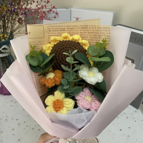 Crochet Flowers Bouquet, Handmade Knitted Bouquet, Crochet Bouquet Kit Knitted Fake Sunflower Daisy, Gift for Mother Wife on Birthday Anniversary (01Pink) - color: 01pink