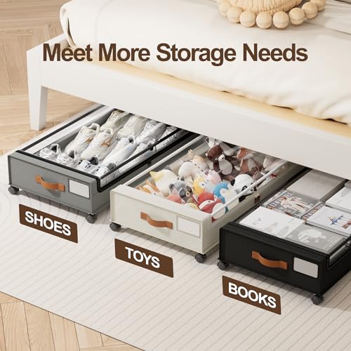 LAMU Under Bed Storage with Wheels, 4Pack Underbed Storage Containers,Black | Smooth-rolling Wheels, Clear Lid & Label, Sturdy Metal Frame, Easy Install, Rolling Storage Drawers for Clothes, Shoes, Toys - color: Black, size: 4 Pack