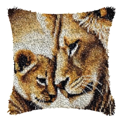 ZFFLYH Lion Latch Hook Pillow Kits for Adults Beginners Pre-Printed Cushion | Home Sofa Cushion Cover Preprinted Canvas Crochet Yarn Kits Needlework Crafts Festival Gift for Adults Beginner 17X17 Inch - color: Lion