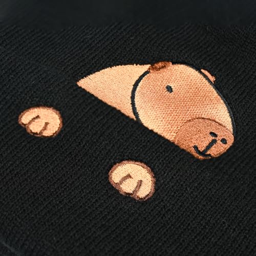 Personality Animal Head Embroidery Knit Beanie Hat for Adult and Big Kids Winter Warm Skull Cuffed Hats - color: Capybara 3-black