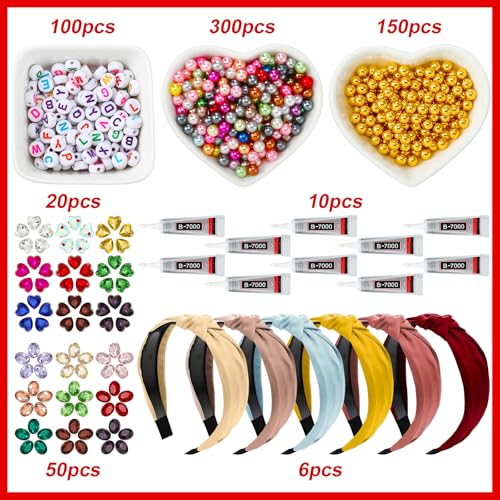 636 Pieces DIY Headband Making Kit Gift Make Your Own Fashion Hair Accessories Set with Alphabet Beads Rhinestone Diamond Pearl for Summer Birthday Party Supplies - style: Shining Style