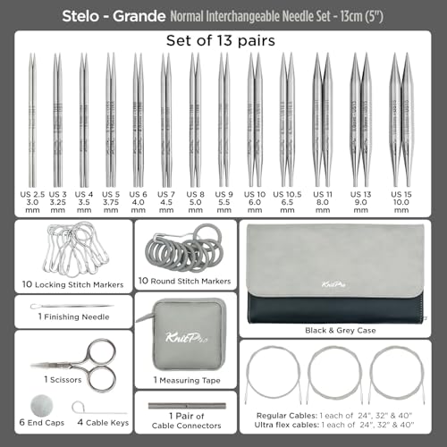 KnitPro Stelo Grande Normal Interchangeable Needle Set 5" (13cm) | 13 US Sizes (2.5 to 15) - size: Grande