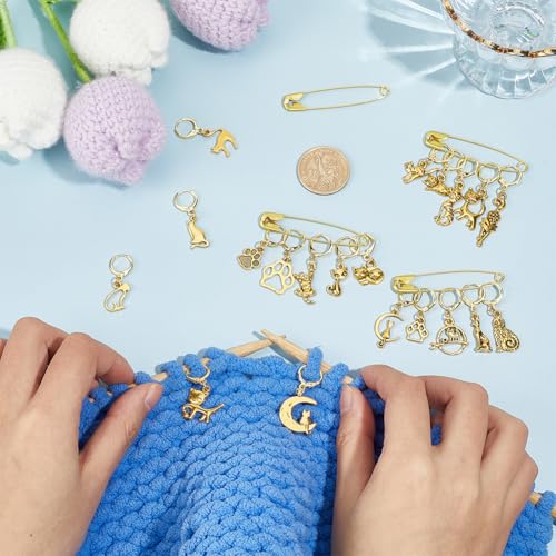 PH PandaHall 20 Styles Cat Stitch Markers with 4PCS Safety Pins Gold Paw Print Moon Crochet Stitch Marker Charms Cute Kitten Knitting Locking Marker for Knitting Weaving Quilting Sewing Jewelry Making - color: Gold