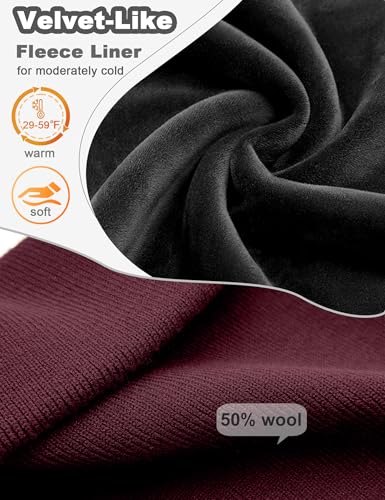 Fleece Lined Wool Beanie Hat Men Women, Warm Cuffed Winter Cap | 50% Wool Thermal Knit, Soft Velvet Fleece Liner, Long Style Full Ear Cover Warm Watch Cap, Tall Roomy Crown Skull Cap - color: Winered
