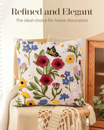 Embroidered Throw Pillow Cover 18x18 Inch, Retro Flower | Decorative Pillow Cover, Vintage Boho Cushion Case with Hidden Zipper, Floral Decor for Couch, Sofa, Living Room, Bedroom - color: Retro Flower, size: 18" x 18" (Pack of 1)
