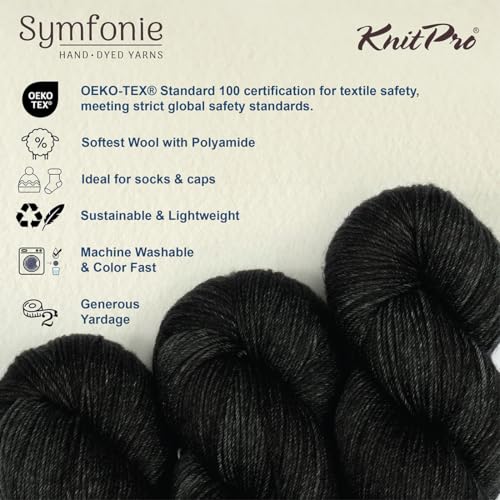 KnitPro Symfonie Fingering Weight Merino Wool Yarn 100g, Black Pepper | 75% Extrafine Merino & 25% Polyamide, 438yds, OEKO-TEX Certified, Superwash, Colorfast, #1 Yarn Skein for Knitting & Crochet - color: Black Pepper