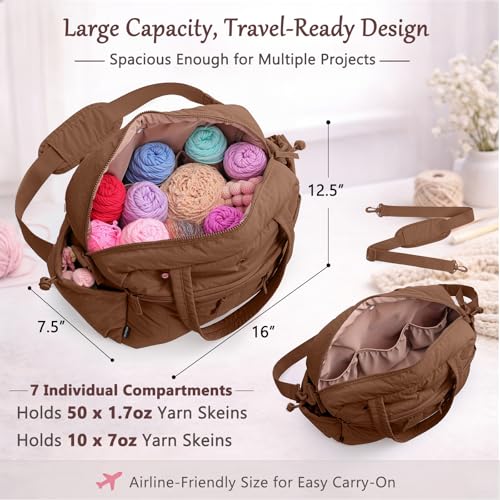 MYBAGZING Stylish Crochet Bag Organizer with Crochet Hook Case, Large Capacity Yarn Bag for Crocheting on the Go, Soft Quilted Crochet Tote with 7 Compartments, Knitting Project Carry-On Travel Gift - color: Brown