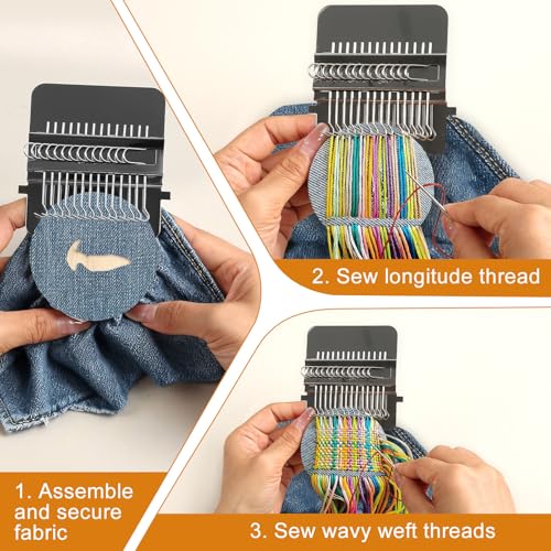 Premium Knit Patch Mending Kit - 14-Hook Darning Loom with Cute Darning Mushroom, 120 Colors Embroidery Floss, Full Repair Tools,Jeans, Clothes, DIY Weaving for Beginners