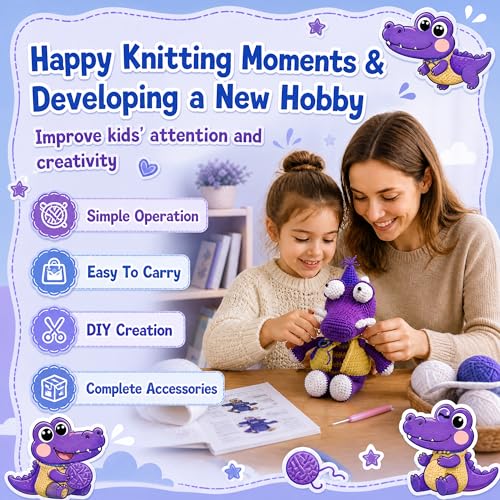 Crochet Kit for Beginners, DIY Crochet Amigurumi Craft Kit (Purple+Blue) | Easy Crochet & Knitting Starter Set with Cotton Yarn & Step-by-Step Instructions, Learn to Crochet Kits for Adults Beginner - color: Purple-blue Crocodile