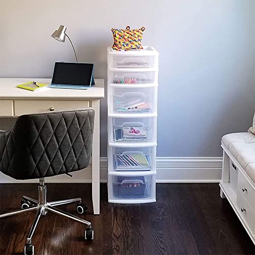HOMZ Drawer Tower, 6-Tier Storage Cart with Removable Wheels, White Frame | Plastic Organizer with Clear Bin Drawers for Bedroom, Bathroom, Home Office, and Dorm Rooms