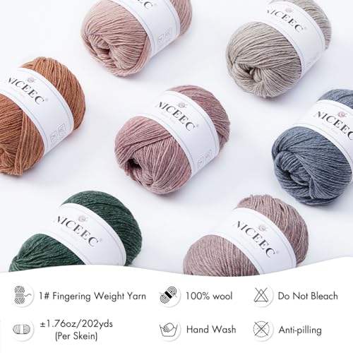 NICEEC 3 Skeins Soft Merino Wool Yarn- Brown | Soft & Warm, Finger Weight, Woolen Yarn for Crochet & Knitting, Total 5.3oz/606yds - color: Brown