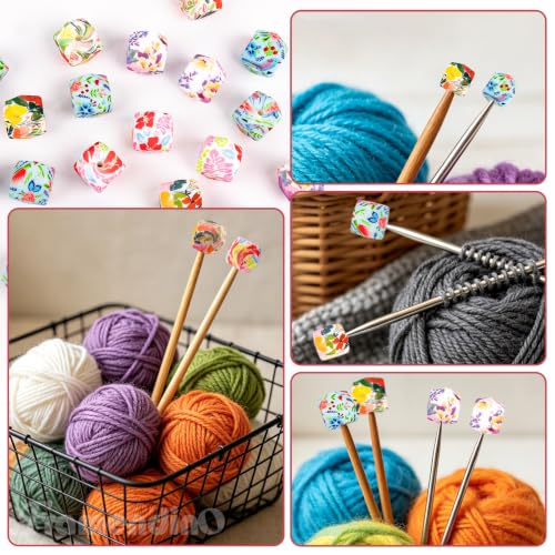 Framendino, 20 Pack Hexagon Knitting Needle Stoppers Flower Print Stitch Stopper Silicone Needles Tip Point Protector Cap for Knitted Supplies