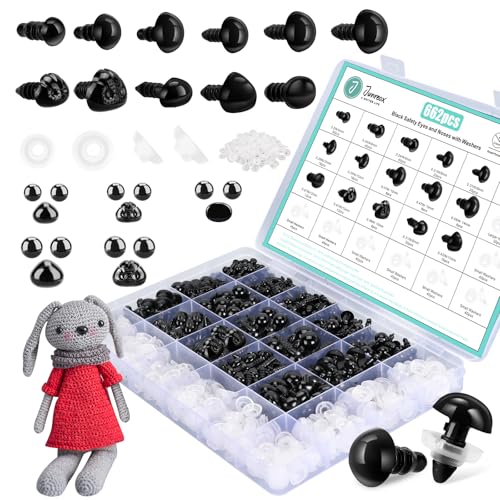 662Pcs Safety Eyes and Noses for Amigurumi, Junreox Preimum 5-14mm Safety Eyes for Crochet Stuffed Animals, Assorted Plastic Crochet Craft Eyes with Washers for Teddy Bear, Dolls, Plushies Toys, Black