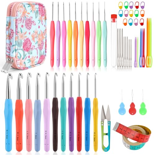 Vodiye 21 Sizes Ergonomic Crochet Hooks Set 0.5–10.0mm with Case, Soft Grip Crochet Needles for Crocheting Comfort - size: 21 Size(0.5-10.0mm)
