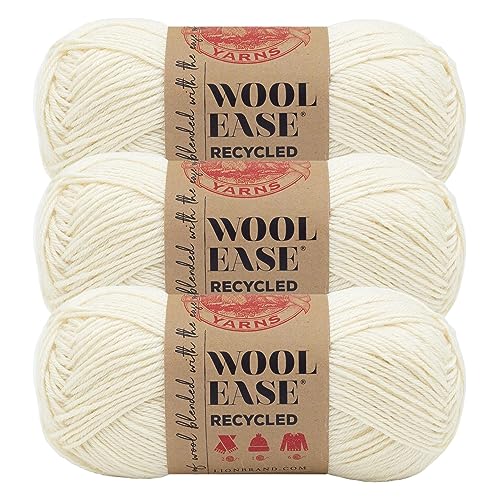 Lion Brand Yarn, Wool-Ease Recycled Crochet Yarn, Cream, Off White, 3 Pack | Recycled Worsted Weight Wool Acrylic Blend Knit & Crochet Fiber for Warm Blankets, Cozy Sweaters, Fall & Winter Hats - color: Cream, size: 3 Pack