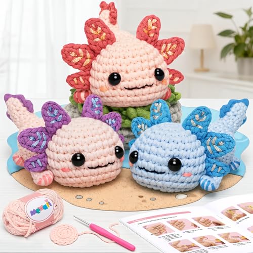 Mewaii Crochet Kit for Beginners, 3 Pack Axolotl Craft Set | 40% Extra Yarn, Video Tutorial, Pre-Started Piece, Beginner Friendly, Family Craft Gift for Adults & Kids - color: Pink and Purple