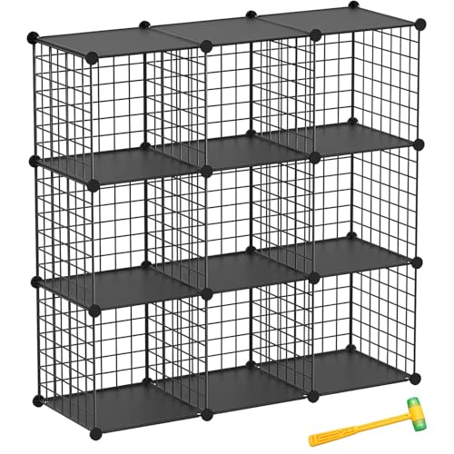 Wire Cube Storage Organizer, 9-Cube Metal Storage Shelves Bookshelf, Stackable Modular Closet Organizer for Bedroom Living Room, Office, Storage Shelves - color: Black Plus Iron, size: 9 Cubes