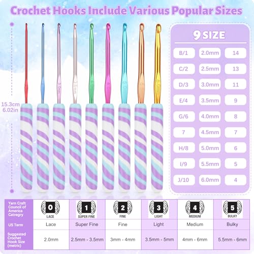 Coopay Warm Crochet Hooks Comfort Grip Longer Aluminum Crochet Hook Set | 9pcs 2.0mm-6.0mm(B-J) Smooth Crochets Needles Set for Crocheting, Short Purple Ripple Handle for Beginners & Arthritic Gifts - color: Short Purple Ripple
