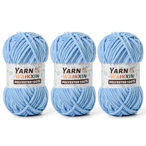 3 Azure Soft Chenille Yarn for Crocheting, Fluffy Chunky Crochet Yarn for Baby Blanket, (10.58oz/393yds) Fuzzy Velvet Yarn for Amigurumi&DIY Puzzle、Crafts、Scarf - color: 3 Azure