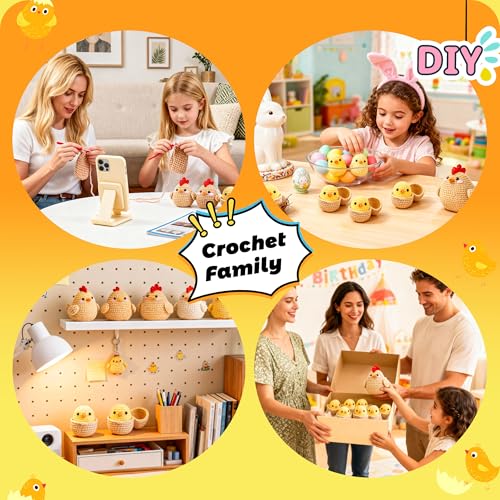 Joyclub Crochet Kit for Beginners 4 Chicken Family with Video for Adults | Amigurumi crochet with video guidance support first projects crochet Starter; a playful DIY gift for adult kitting learners - color: Crochet Chicken
