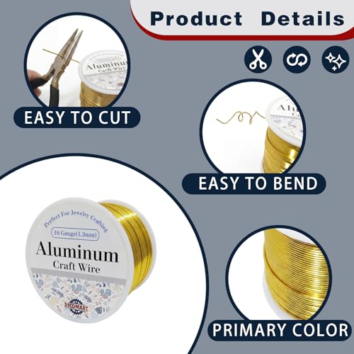 16 Gauge Aluminum Craft Wire Gold 180FT 1.3mm, Jewelry Making, Flexible Bendable Armature Wire for Sculpting, Floral Crafts, Metal Wire Wrapping, DIY Art Projects & Wreath Making - color: Gold, size: 16gauge