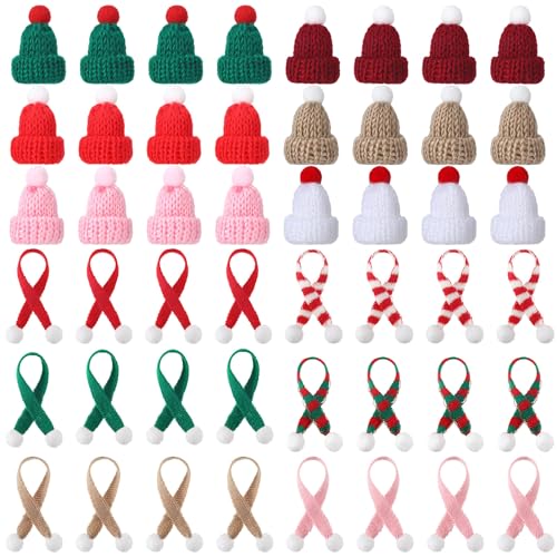 Bencailor 48 Pcs Mini Knit Hats Scarves Set for Christmas DIY, Bright Color | Included Tiny Hats and Scarves, Pom Pom Knit Style, Bright Assorted Colors, Snowman Crafts, Doll Decor Ornaments Set - color: Bright Color