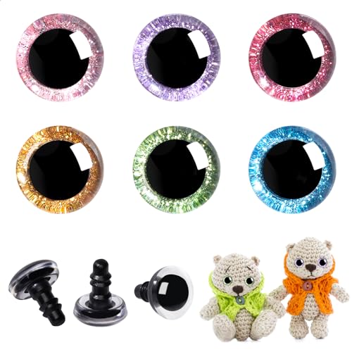 MUCUNNIA 60pcs 30mm 3D Glitter Plastic Safety Eyes for Amigurumi Trapezoid Craft Crochet Doll Eyes with Washers Stuffed Animal Eyes for DIY of Puppet, Bear Plush Animal Halloween Decorations(6 Colors) - size: 30mm