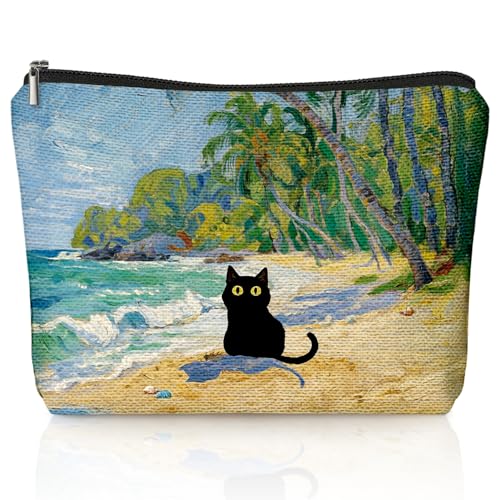 Coastal Beach Black Cat Makeup Bag, Kitty Cosmetic Zipper Travel Toiletry Bag for Traveling Women, Cute Black Cat Gifts for Women & Teen Girls, Cats Gifts Lovers - color: 02-Cat(08)-Coastal Beach