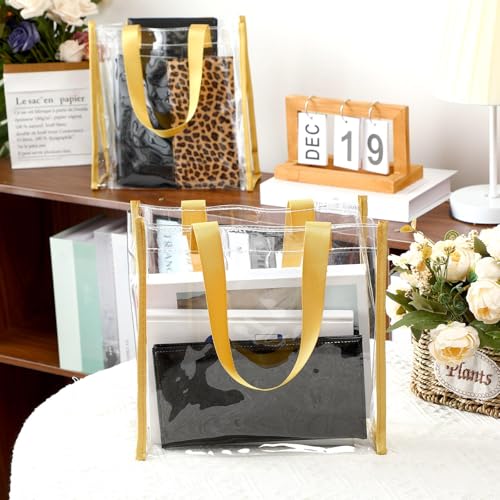 Paterr 30 Pcs Clear Tote Bag Stadium Approved Bulk 10 x 10 x 4 inch Plastic Tote Gifts Bags with Handle for Women Sports Gym(Gold) - color: Gold