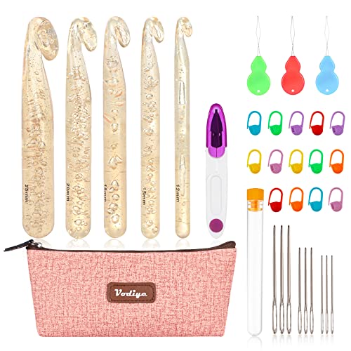 Vodiye 5 Sizes Large Crochet Hooks 12mm-25mm, Ergonomic Crochet Hook Set, Transparent Hooks for Chunky Yarn and DIY Crafts - size: 5 Size(12.0-25.0mm)