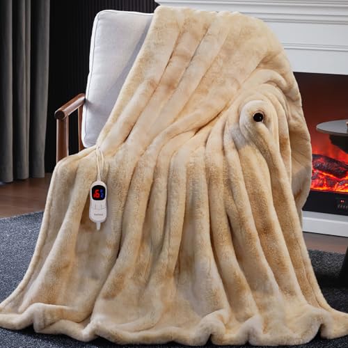 Guohaoi Heated Blanket, Soft Faux Rabbit Fur Electric Throw, 50"×60" | Electric Blanket with 10 Heating Levels 5 Sitting Timer Auto Off, Cozy Warm Heating Blankets, Machine Washable, Brown - color: Beige, size: 50''*60''