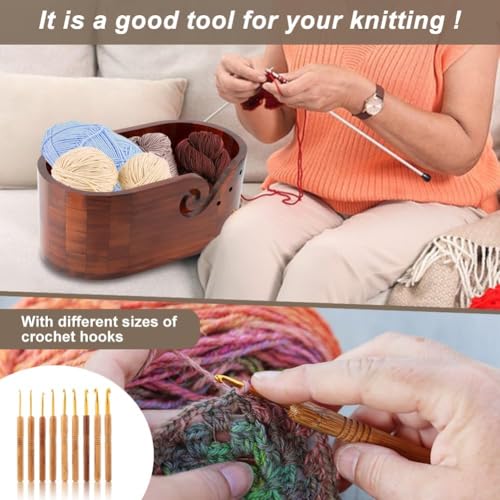Oval Wooden Yarn Bowl,Knitting Yarn Bowl Holder with 9pcs Crochet Hooks,Large Yarn Storage Bowl for DIY Knitting & Crocheting Accessories Kit,Preventing tangles (11.3x4.7 inch)