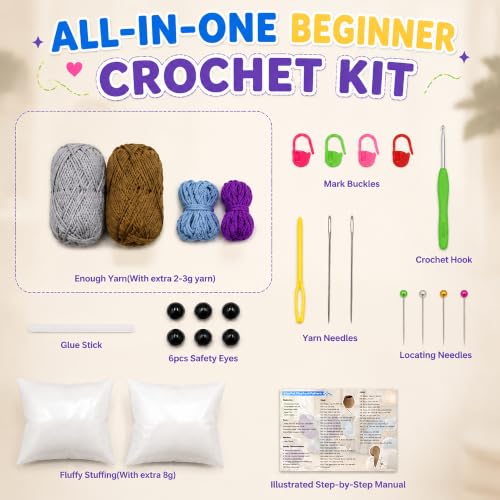 JYZJDKE Crochet Kit for Beginners Adults - DIY Amigurumi Elephant Knitting Starter Kit with Yarn Sets, Crochet Animal Kit Cute Stuffed Animal Craft Birthday Gifts (Grey Purple+Coffee Blue Elephant) - color: Grey/Purple+Coffee/Blue Elephant