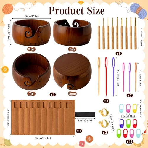 WATINC Wooden Yarn Bowl Holder Set - Large Crochet Yarn Storage Bowls with 9pcs Metal Knitting Hooks, Adjustable Loop Ring Stitch Markers with Box Crochet Gifts for Knitters Crocheters (Dark Brown - color: Dark Brown