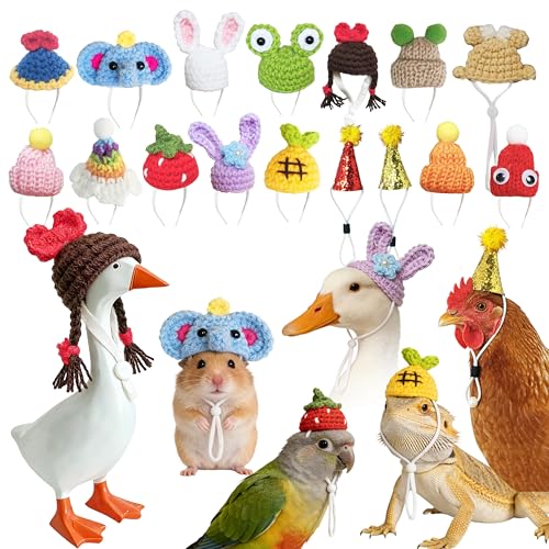 16Pcs Chicken Hats Adjustable Mini Hat, Hand Knitted Desk Goose Outfits kit | Small Animals Cap for Real Hamster, Lizard Dragon, Bird, Ferret, Chicken, Hamster Hats Outfits, Party Costume Accessories