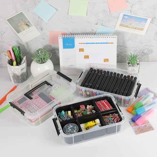 JUXYES 3-Tiers Plastic Stack Carry Storage Containers Box wih Handle Lids | 2 Pack Clear Stackable Craft Organizers and Storage Bin with Tray for Organizing Stationery, Sewing, Art Craft, DIY Supplies - color: Black